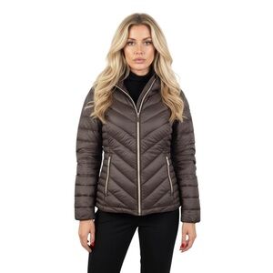 MICHAEL KORS BROWN PACKABLE DOWN PUFFER JACKET HOODED SIZE MEDIUM WOMENS